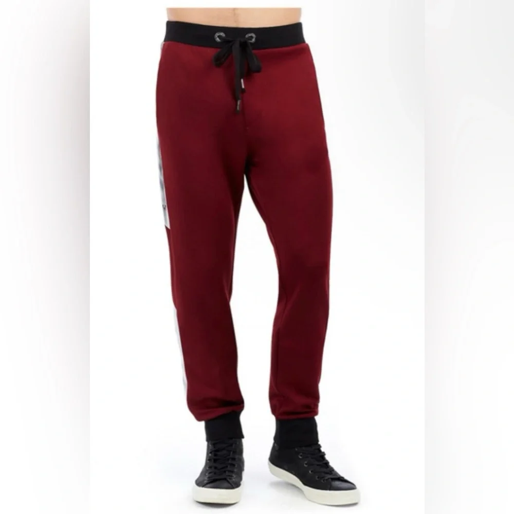 True Religion Mens Racer Jogger Pants Oxblood Silver Stripe L NWT